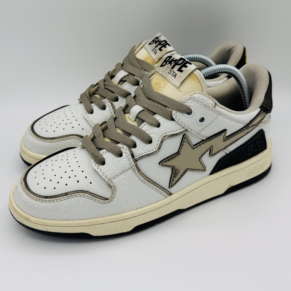 BAPE Sk8 Sta Leather Sneakers - White w/ Metallic Silver Logo - NIGO Bathing Ape